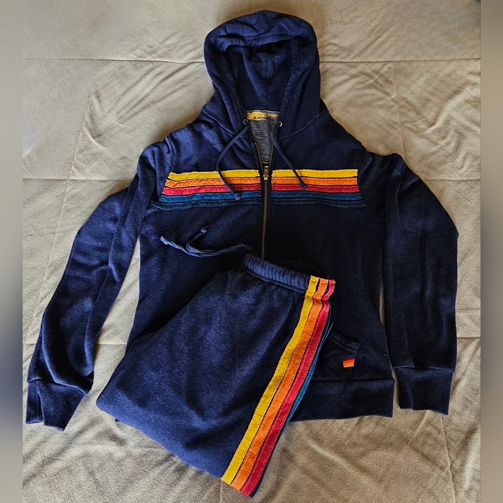 Aviator Nation Navy 5 Stripe Hoodie and Sweatpants set Small